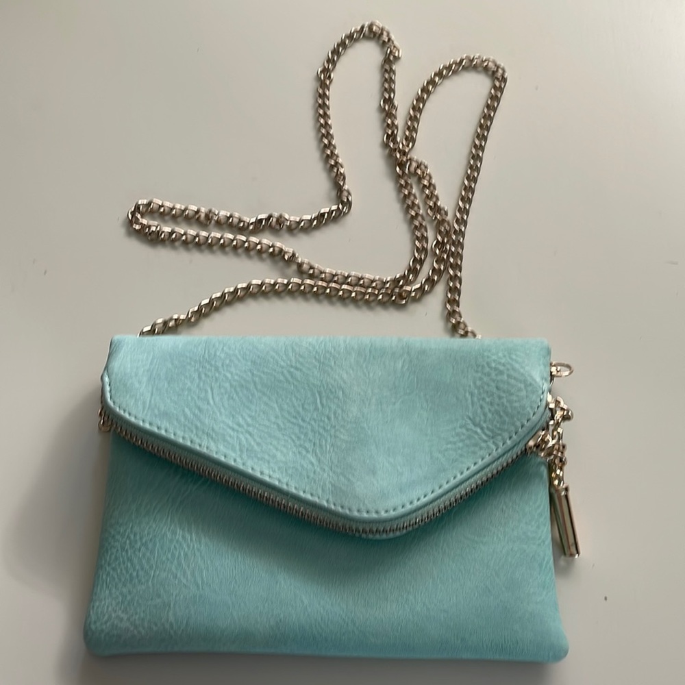 7 1/4 L x 5” W Aqua Color Purse w/gold chain 21.5” L, magnetic closure